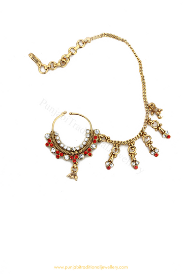 Antique Gold Finished Red Polki Nath By PTJ